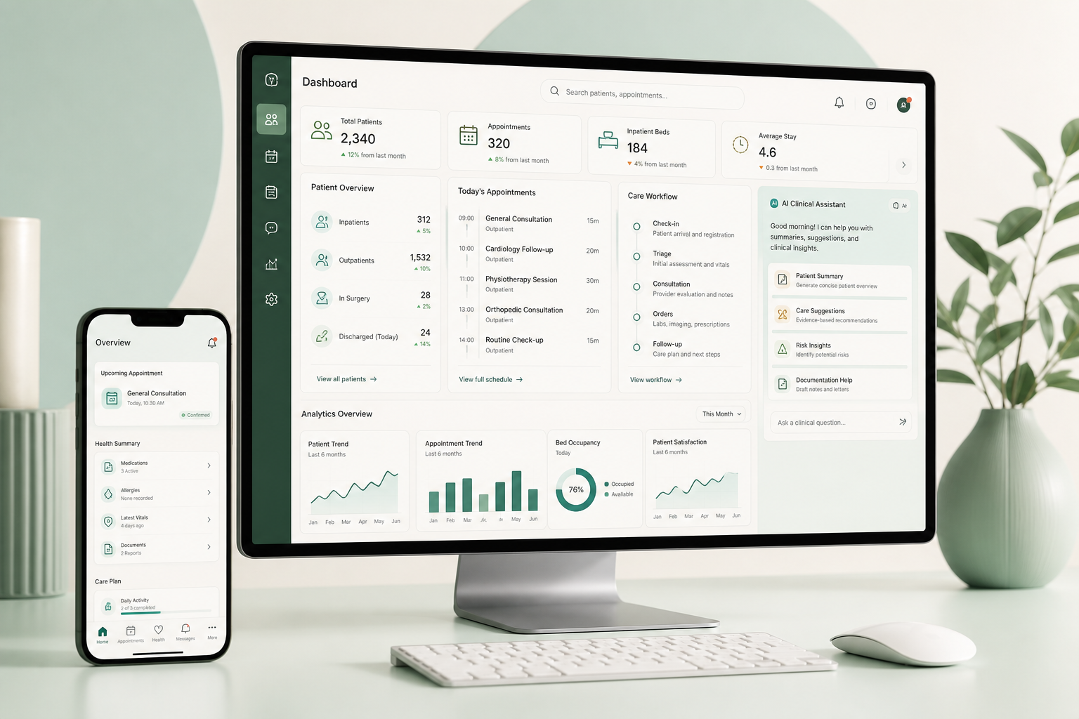 AI-assisted hospital management dashboard displayed on a desktop and phone