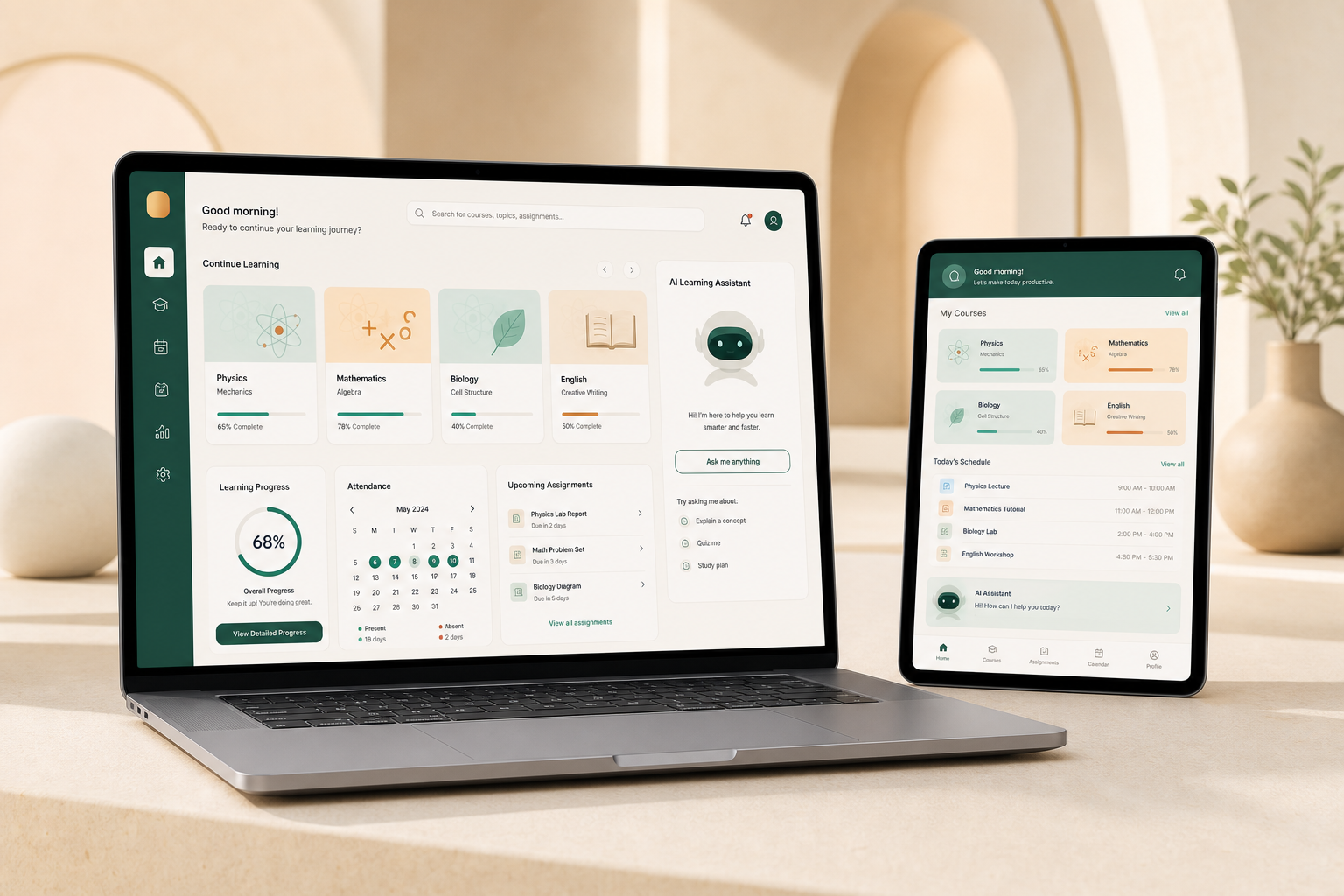 Modern AI learning platform displayed on a laptop and tablet